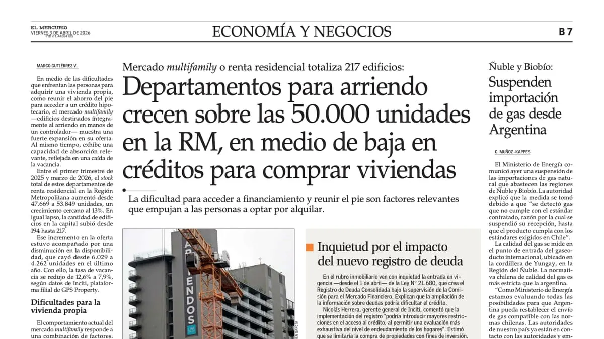 Departamentos para arriendo crecen sobre las 50.000 unidades en la RM, en medio de baja en créditos para comprar viviendas