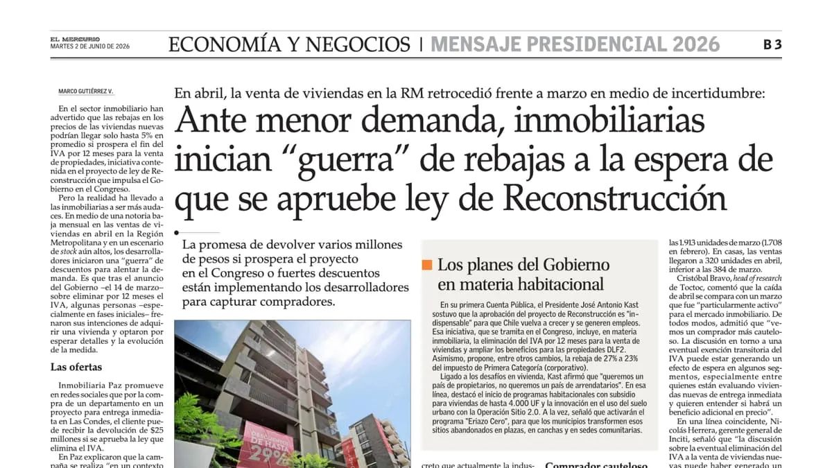 Ante menor demanda, inmobiliarias inician "guerra" de rebajas a la espera de que se apruebe ley de Reconstrucción